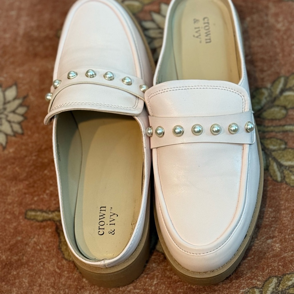 Crown & Ivy Pink Lorelei Slip On Loafers with Pearl Studs